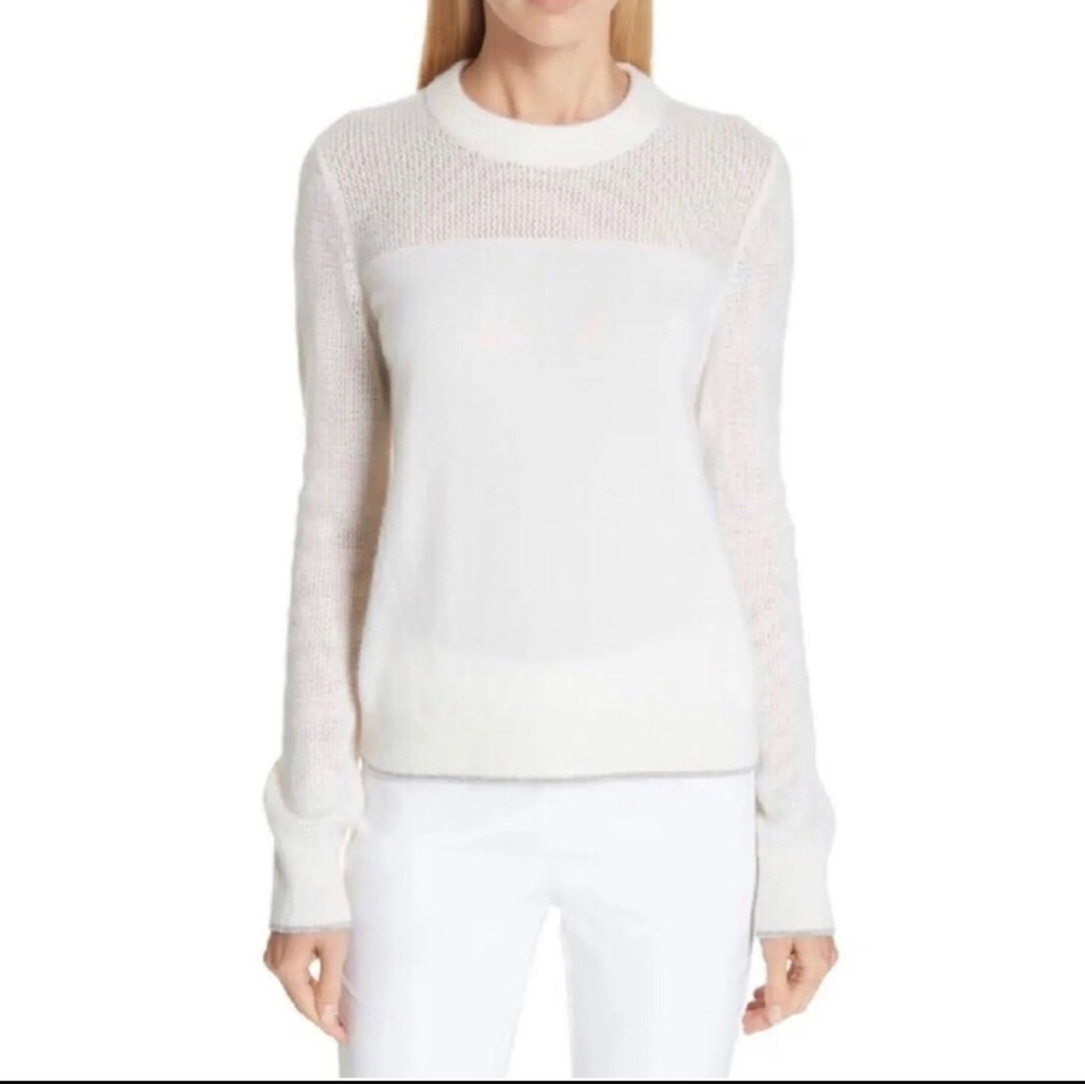 John + Jenn Winter White Crewneck Fuzzy Mesh Sheer Sweater Size Large